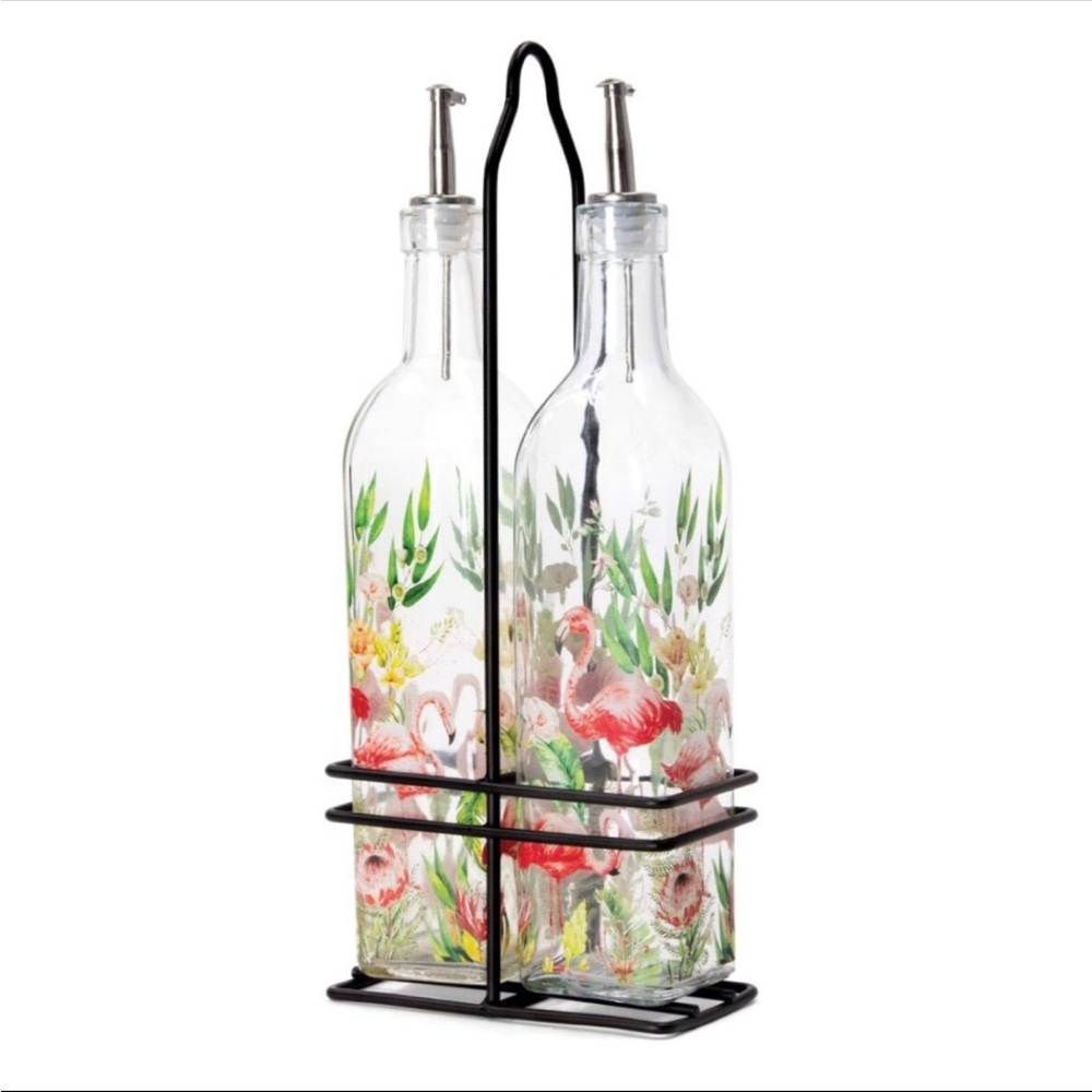Michel Design Works Flamingo Glass Oil and Vinegar Bottle Set with Black Holder